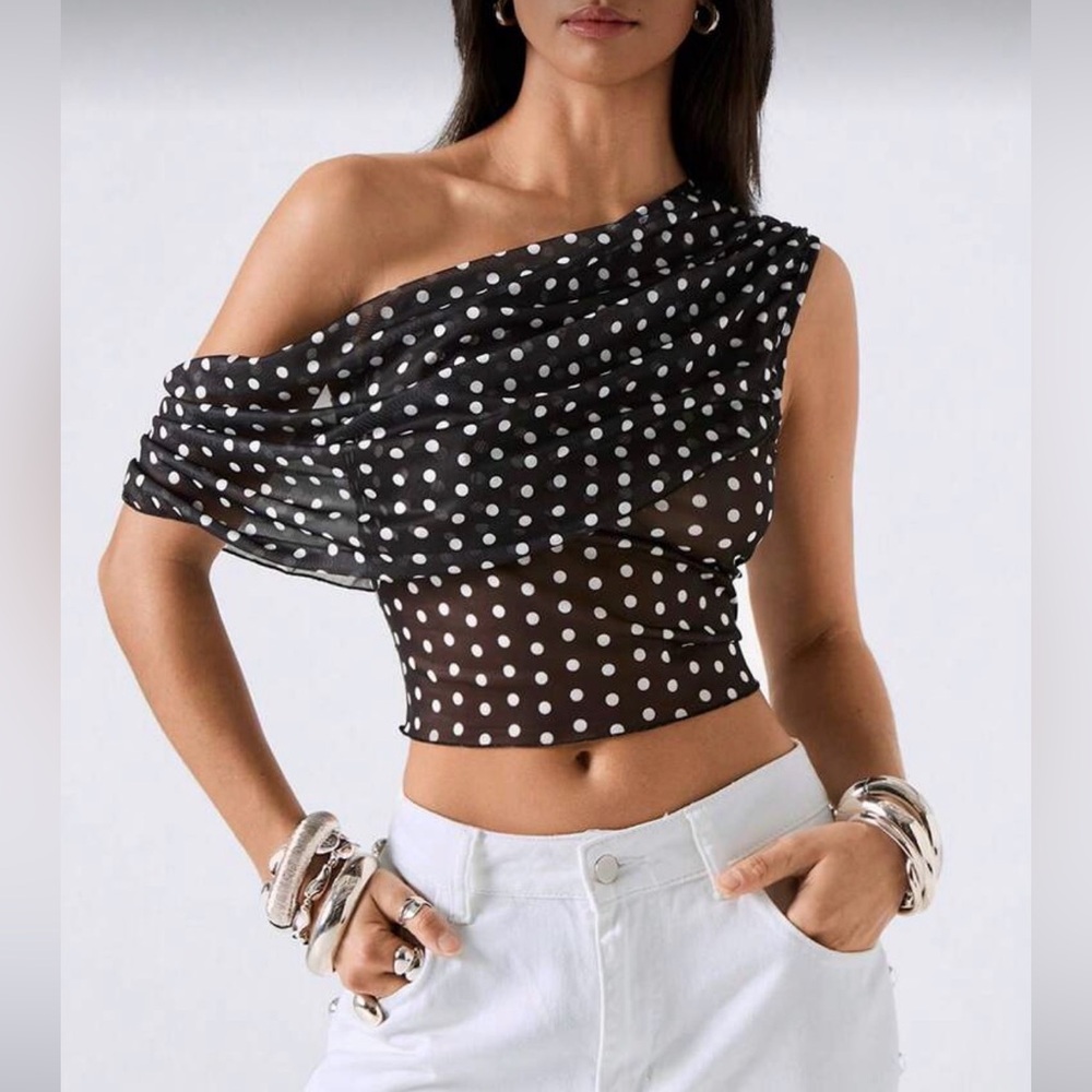 SHEIN Polka Dot Off Shoulder Ruched Crop Top Black White Size Small